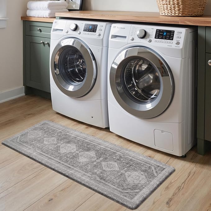 GENIMO Kitchen Mats for Floor 2PCs, Washable Anti Fatigue Mat for Cushioned, 17.3"x47"+17.3"x30", Waterproof Kitchen Rugs, Non Slip Comfort Standing Mat Rug for Home, Sink, Laundry, Ash Gray