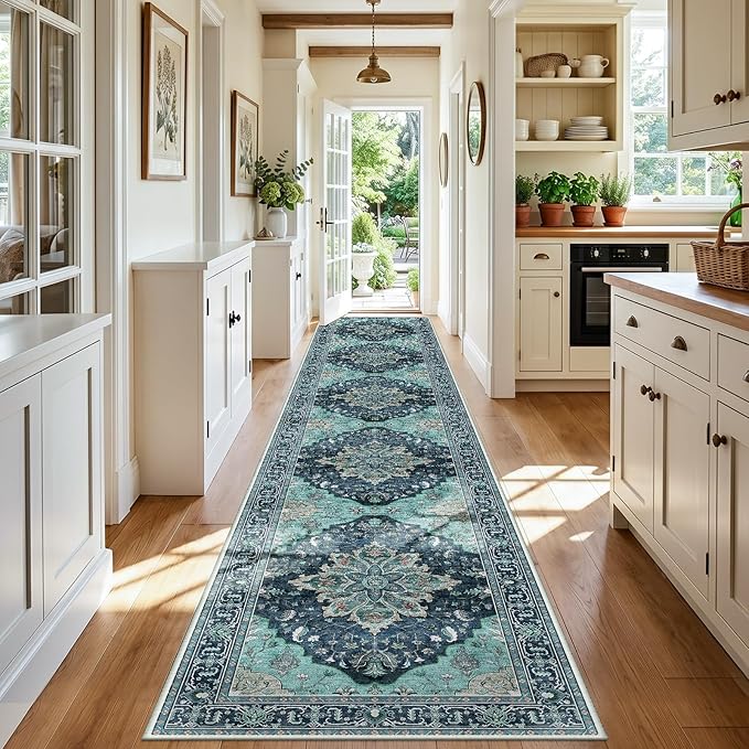 RELEANY Area Rugs Runner 3'x20' Washable Non-Slip, Floral Vintage Distress Medallion Carpet for Kitchen Hallway Bedroom Beside Laundry Room Bathroom, Teal Green Lake Blue Turquoise