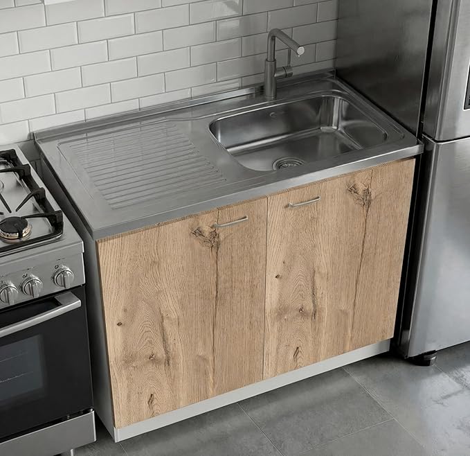 Tuhome Napoles Utility Sink Base Cabinet with Integrated Stainless Steel Countertop, Freestanding Cabinet with Double Doors, Interior Shelf for Laundry Room, Utility Room, Mudroom or Kitchen