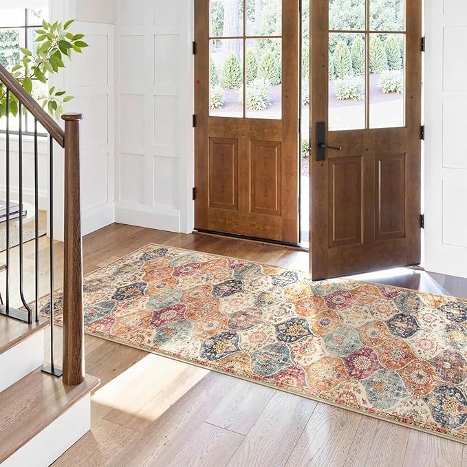 Lahome Moroccan Trellis Hallway Rug, 2x5 Washable Runner Rug Non Slip Kitchen Runners for Hallways, Ultra-Thin Vintage Carpet for Bedroom Bathroom Entryway Elise, Cream/Multi