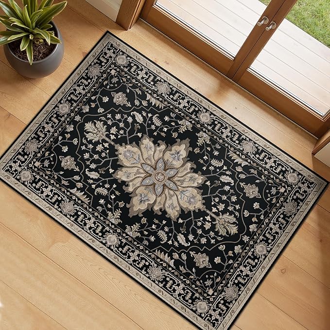 RELEANY Area Rugs Small 2'x3' Washable Non-Slip, Floral Vintage Distress Medallion Carpet for Kitchen Entryway Bathroom, Black Brown Neutral Dark Tan