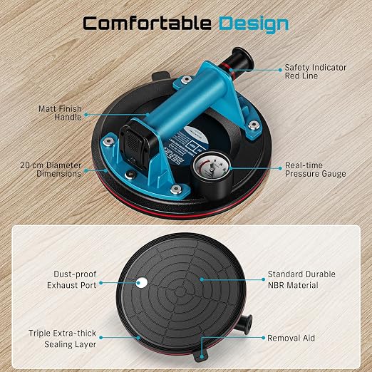 SEESII Suction Cups for Glass Lifting: 8" Tile Suction Cup Lifter with Pressure Gauge, 250KG Max Load, Heavy Duty Vacuum Lifter for Lifting Large Tile, Granite, Metal, Windows (2-Pack)