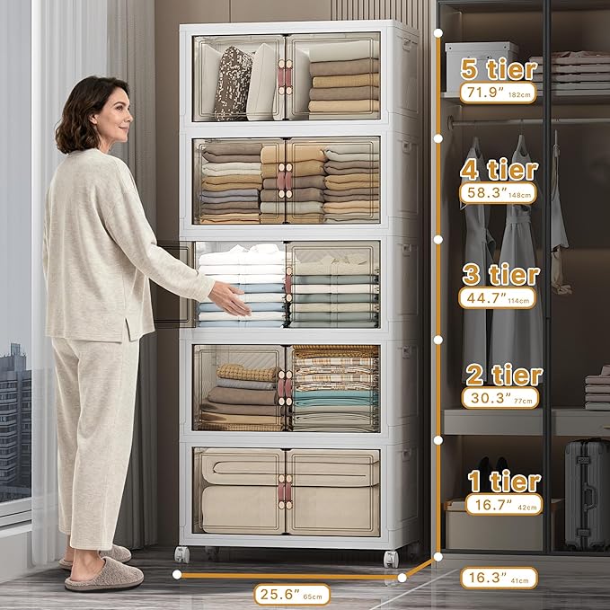 UAMFURI Stackable Storage Bins with Lids, 560QT Closet Organizers and Storage with Doors and Wheels, Extra Large Storage Cabinet, Collapsible Plastic Drawers for Bedroom Dorm Office Garage
