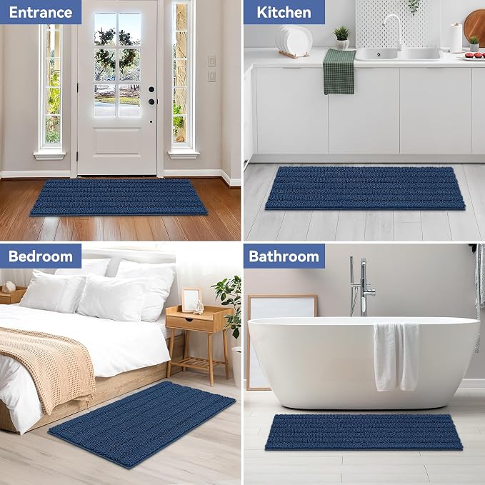 Bcoimo Long Bathroom Rug, Chenille Bath Runner with High Low Pile Design, Soft Absorbent Non Slip Bath Mat, Machine Washable Quick Dry Rug for Shower, Tub, Sink and Vanity