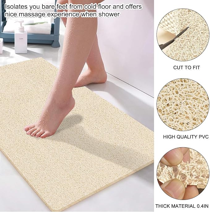 Shower Mat Non Slip 40.2 x16.1 Inch, Loofah Shower Mat Anti Slip Tub Mat Without Suction Cups, Shower Floor Mat for Wet Area, Quick Drying, Beige