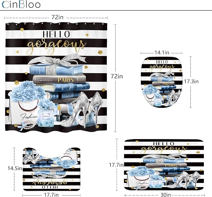 4Pcs Black and Blue Shower Curtain Set,High Heels Striped Perfume Bathroom Curtain with Rug, Toilet Lid Cover, Bath Mat, Fashion Floral Flower Magazine Books Shower Curtain with 12 Hooks
