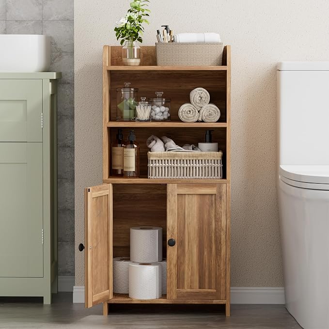 Homhedy Small Bathroom Storage Cabinet, Freestanding Toilet Paper Storage with 2 Doors and Shelves, Bathroom Organizers and Storage for Small Spaces, 7.9" D x 14.6" W x 31" H, Rustic Walnut