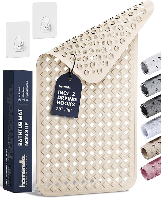 Bathtub Mat Non Slip 28x16 - homerella® Bath Mat Incl. Hooks for Drying, 100% BPA Free, Shower Mat Non Slip Anti Mold, Machine Washable, Shower Mats for Inside Shower Mildew Resistant (Sand)