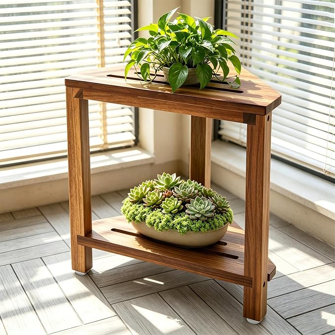 IBosins 16in Shower Foot Rest Corner Shower Stool for Shaving Legs with Storage Shelf Small Bench for Inside Shower to Sit on Bath Seat - Acacia Wood