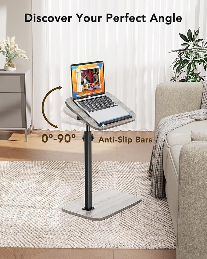HUANUO TV Tray Table，Adjustable Height TV Tray with 360° Swivel & 90° Tilt, Sturdy Side Table with Anti-Slip Bar for Laptop, Eating, Space-Saving Side Table for Couch, Bedside, Living Room