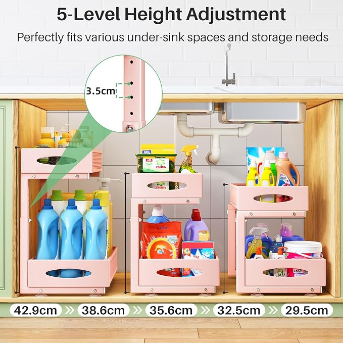 2 Pack Under Sink Organizer, 2 Tier Pull out Cabinet Organizer Mesh Baskets with 5 Adjustable Heights, Sliding Drawers Storage Shelf for Home, Kitchen, Bathroom, Pantry, Office, Countertop ,Pink