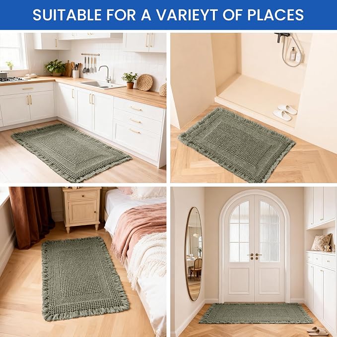 Waffle Bath Mat - Non Slip Bathroom Rugs - Washable Super Absorbent & Quick Dry Bath Mats with Tassels for Hallway Bedroom Laundry Room,24" x 72",Olive Green