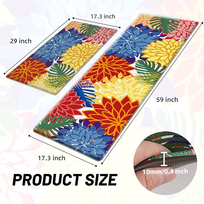 Arenarug Kitchen Mats for Floor 2PCS Cushioned Anti Fatigue Kitchen Mats Waterproof Non Slip Kitchen Mat Rug Set Comfort Foam Standing Mat for Sink, Laundry, Office,17.3" x 28" + 17.3" x 59", Colorful