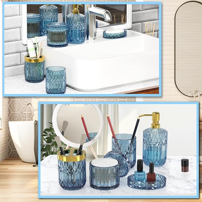 Blue Bathroom Accessories 5 Pcs, Glass Bathroom Accessory Set, Vintage Blue Bathroom Set, Soap Dispenser and Toothbrush Holder Set, Qtip Holder, Bathroom Sets Complete, Modern Bathroom Decor