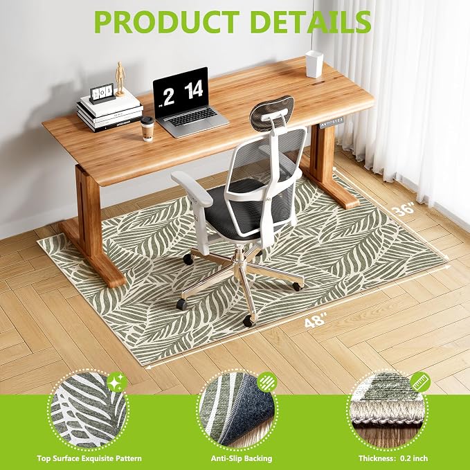 Office Chair Mat for Hardwood Floor & Tile Floor,36"x48"Heavy Duty Desk Chair Mat for Hard Floors, Under Desk Rug for Rolling Computer Chair,Anti Slip,Low Pile Carpet Floor-Green Leaves