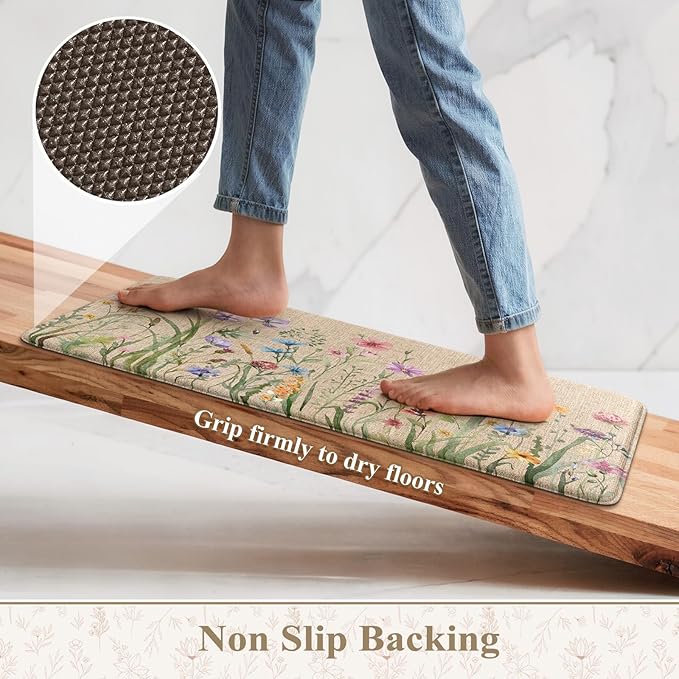 KIMODE Anti Fatigue Kitchen Mat, 17"x47"+17"x29" Floral Kitchen Rugs Sets of 2, Farmhouse Kitchen Floor Mats Non-Slip Cushioned, Comfort Standing Desk Mat for Sink, Laundry,Home Brown