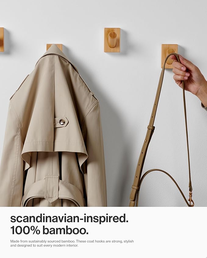 LARHN Wooden Wall Hooks (4-Pack), Wall Mounted Coat Hooks for Wall, Wood Hooks for Hanging - Modern Scandinavian Home Decor - Series 6