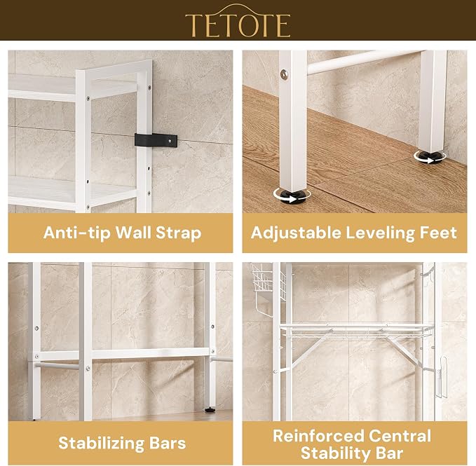 TETOTE Over-The-Toilet Storage Rack, 4-Tier Bathroom Organizer Shelf Over Toilet with Adjustable Shelf and Basket, Freestanding Space Saver Bathroom Shelves Above Toilet for Room(White)