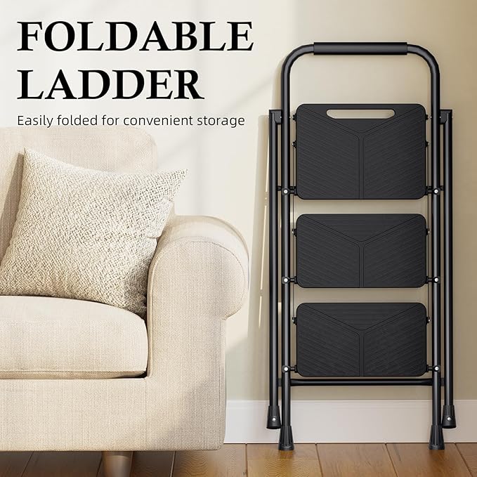 Urackify 3 Step Ladder, Portable Folding Ladder for Multi-Purpose, Home, Kitchen, Heavy Sturdy Steel Step Stool with Handrail, Anti-Slip Wide Pedals, Safe-Lock Design, Pass 500lbs Load Testing, Black