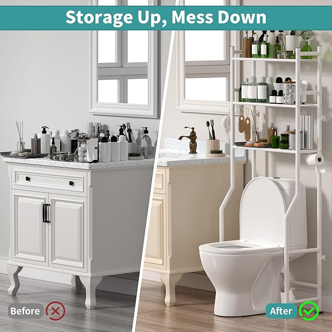 3-Tier Over The Toilet Storage Organizer, Space-Saving Bathroom Rack with Paper Holder & 4 Hooks, 64" Tall Freestanding Carbon Steel Shelf for Small Apartment Laundry Room (White)