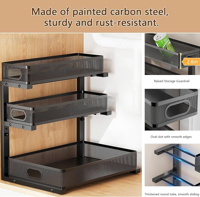 Under Sink Organizer, 3-tier Under Sink Storage Organizer Adjustable Height Easy Assembly Pull Out Cabinet Organizers Basket for Bathroom Kitchen Pantry Home Organization