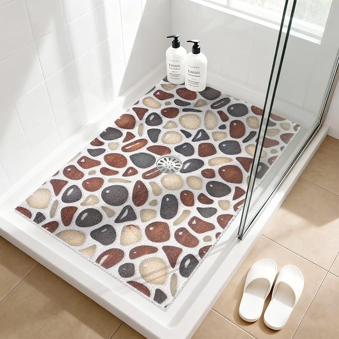 Shower Mat Non Slip: 24x36 Inch Large Shower mats for Inside Shower with Drain Hole in Middle, Super Soft PVC Loofah Massage Shower Floor Mat, Anti Slip Shower Stall Mat, Quick Drying
