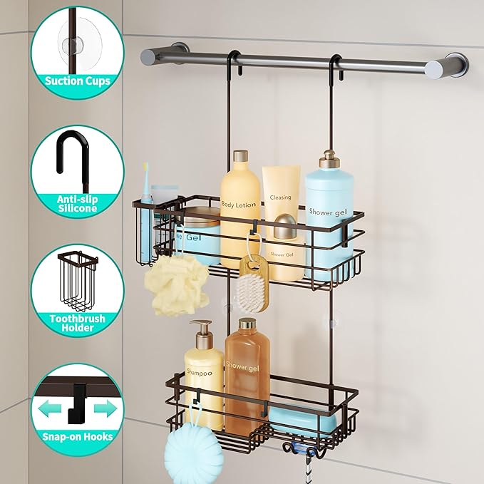 HapiRm Hanging Shower Caddy Organizer - No Drilling Shower Shelves with Hooks and Toothbrush Holder, Rustproof 304 Stainless Steel Bathroom Organizer - Bronze