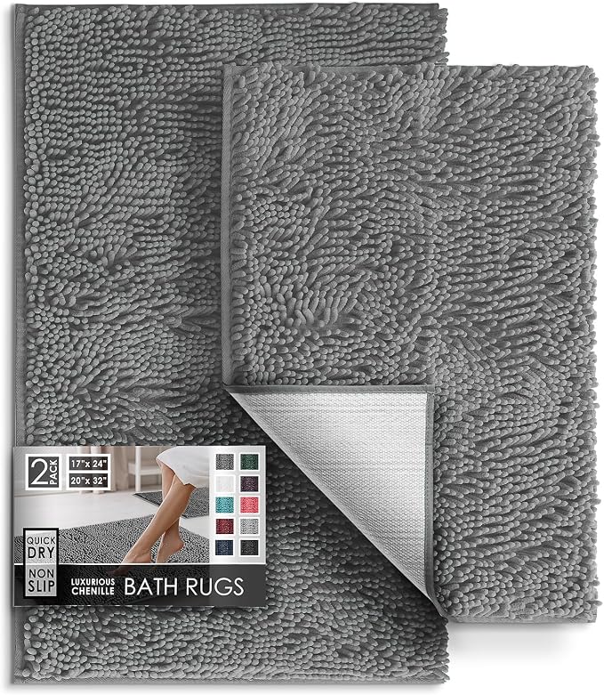 Hearth & Harbor Bathroom Rugs, Chenille Bath Mat - Machine Washable Bath Mats for Bathroom Non-Slip Backing Rubber, Quick Dry Bathroom Mat, 17 x 24 + 20 x 32 - Frost Grey