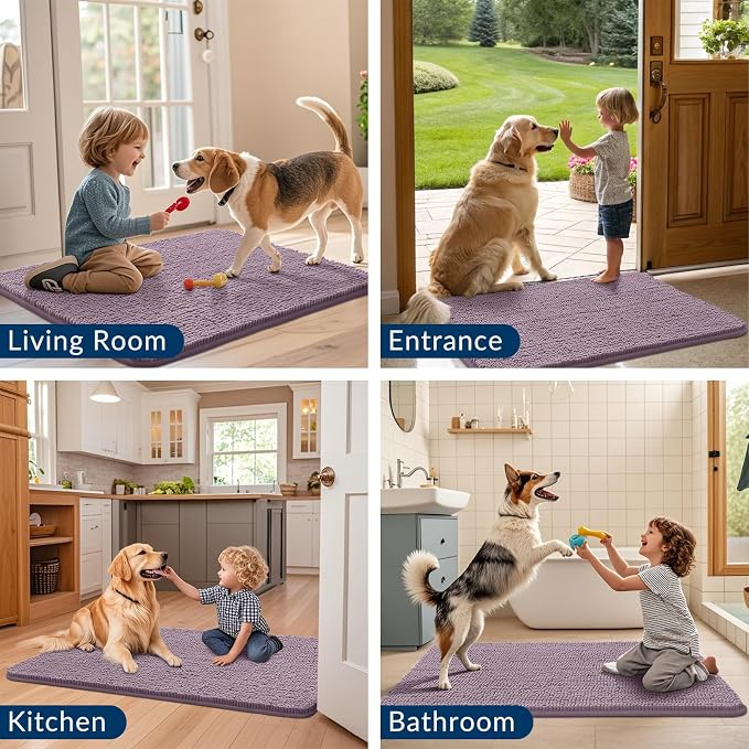 Smiry Dog Door Mat for Muddy Paws 36x24, Absorbent Dirt Trapper, Non-Slip Washable Chenille Entryway Rug for Inside Floor, Deep Plum, Classic Solid