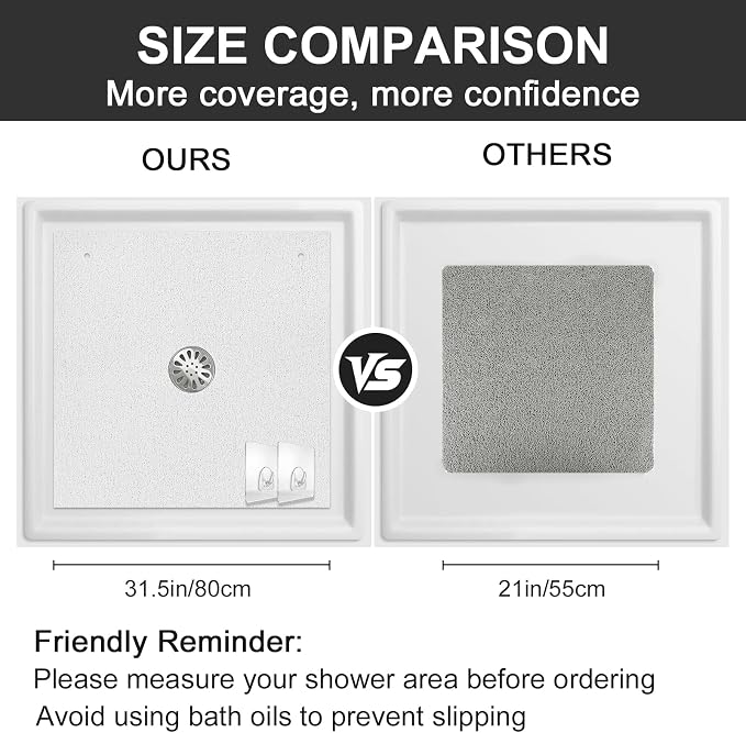 Extra Large Square Shower Mat for Inside Shower, 32 x 32 Inch Shower Floor Mat with Center Drain Hole, Designed for Walk-in Showers, Non-Slip Loofah Mat with Wide Coverage for Stable Standing