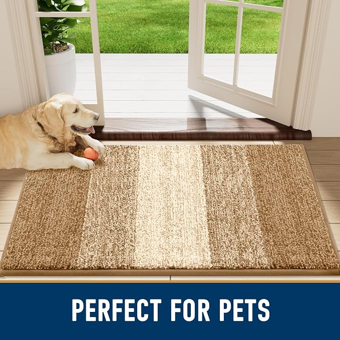 Smiry Dog Door Mat for Muddy Paws, Absorbs Moisture and Dirt, Low-Profile Entryway Mat with Non-Slip Backing, Entry Indoor Outdoor Doormat for Inside Floor (59x35 Inches, Camel, Striped)