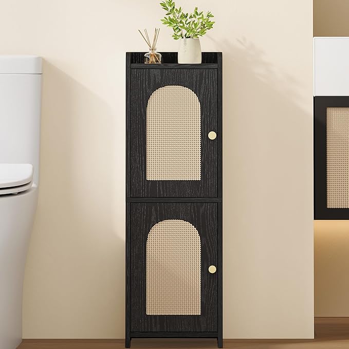 Hzuaneri Bathroom Storage Cabinet, Small Corner Floor Cabinet with 2 Doors and Adjustable Shelf, Narrow Toilet Paper Cabinets, Bathroom Organizer for Small Spaces, 7.9" D x 9.8" W x 29.5" Rattan Black