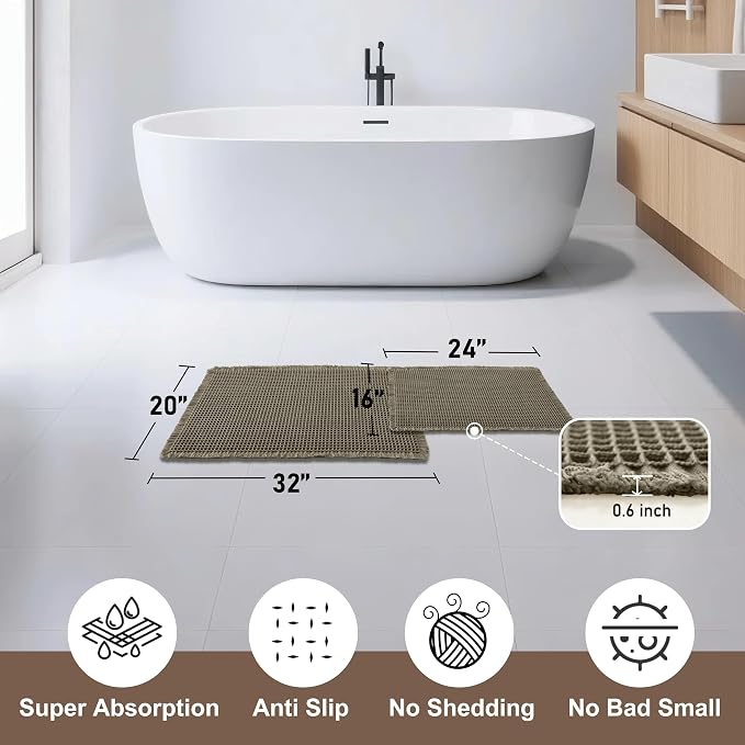 JIUZHEN Set of 2 Waffle Bathroom Rugs Non Slip Boho Bath Rugs Machine Washable Waffle Bath Mats with Rubber Backed Super Absorbent Shower Mats for Bathroom Floor, 16" x 24" +20" x 32", Olive Green