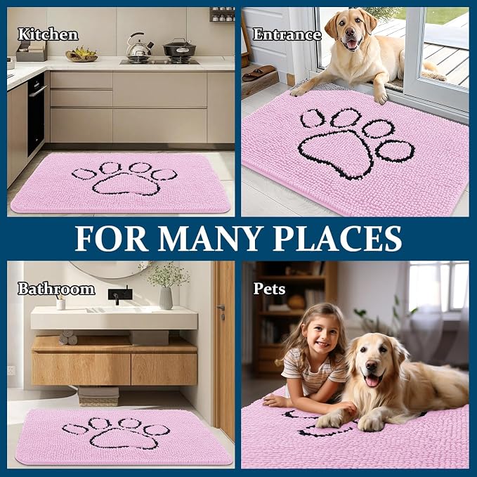OLANLY Dog Door Mat for Muddy Paws 30x20, Paw Print Design, Absorbs Moisture and Dirt, Absorbent Non-Slip Washable Doormat, Quick Dry Chenille Mud Mat for Dogs, Entry Indoor Entryway Carpet, Pink