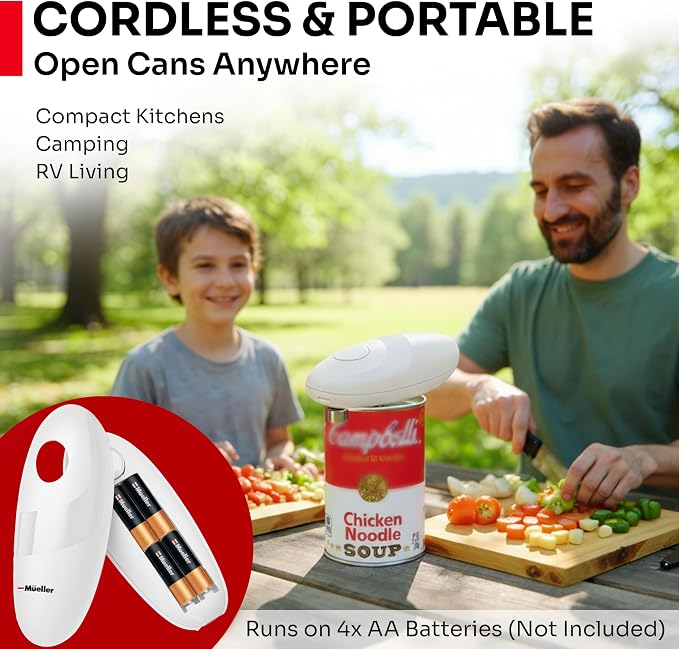 MUELLER HOME SmoothEdge Auto Electric Can Opener – Battery‑Operated One‑Touch w Magnet Lid Lifter, Smooth‑Edge Cut Technology – Portable Hands‑Free Automatic Can Opener for Seniors & Arthritis, White