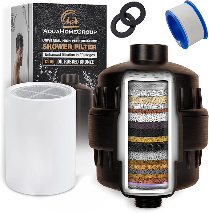 AquaHomeGroup 20 Stage Shower Filter with Vitamin C E and A - Reduces Chlorine, Heavy Metals and Sediment - 2 Cartridges Included - Oil Rubbed Bronze