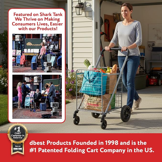 dbest Products Cruiser Cart Deluxe 2 - Foldable Shopping Cart with Wheels & Brake System - Heavy Duty Collapsible Utility Cart for Groceries & Laundry - Holds 100 lbs - Silver, Alloy Steel