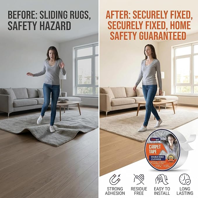 ETERART Heavy Duty Double Sided Carpet Tape - Fiberglass Reinforced, Residue-Free Rug Tape for Hardwood Floors & Tile - Hand Tearable, Anti-Slip Safety for Kids & Pets (2" x 10 Yards, White)