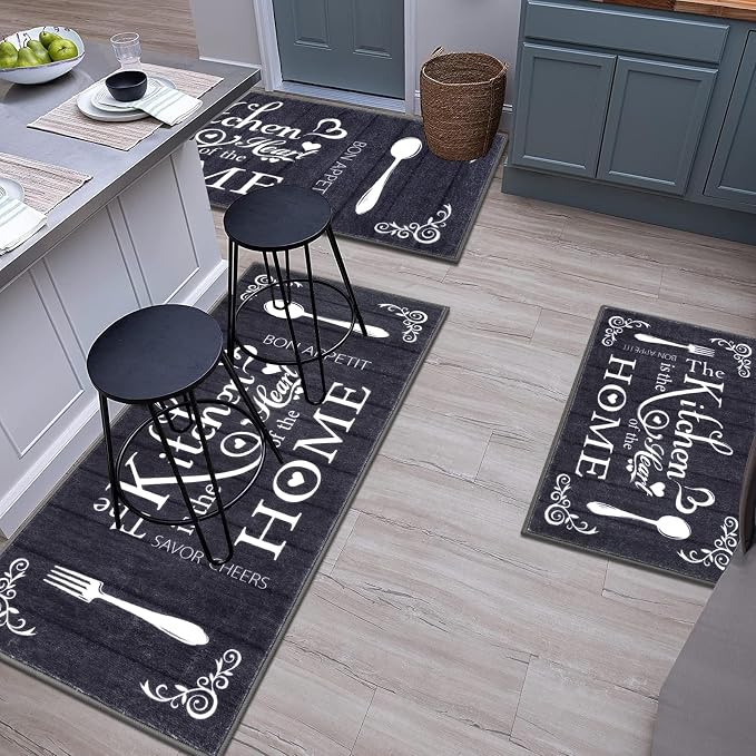 Vaukki Boho Kitchen Rug Sets 3 Pieces, Washable Kitchen Mats for Floor, Non Slip Soft Kitchen Area Rug Floor Mat for Kitchen, Laundry Room and Hallway (Black, 20''x32''+20''x47''+20''x59'')