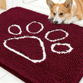 OLANLY Dog Door Mat for Muddy Paws 30x20, Paw Print Design, Absorbs Moisture and Dirt, Absorbent Non-Slip Washable Doormat, Quick Dry Chenille Mud Mat for Dogs, Entry Indoor Entryway Carpet, Burgundy