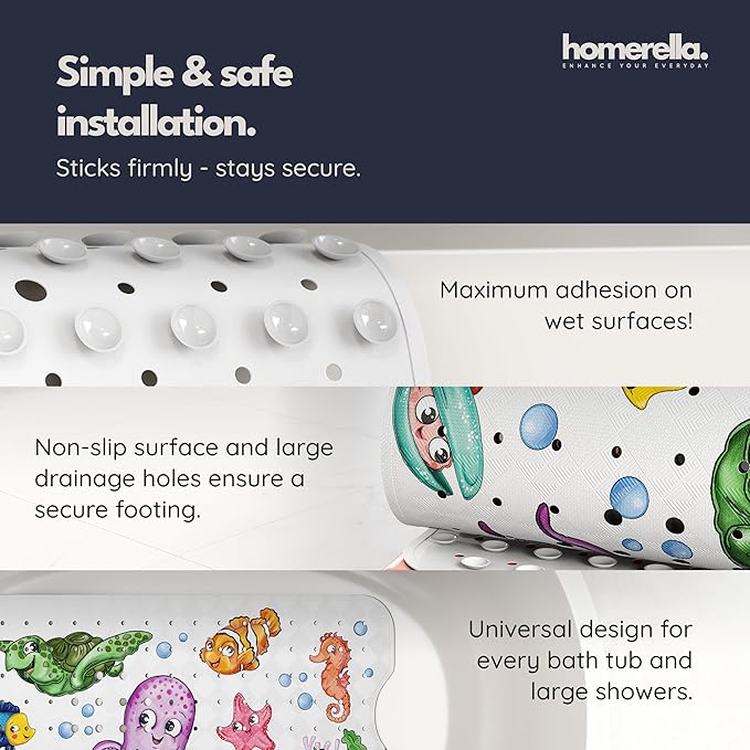 Bath Tub Mat Non Slip Anti Mold for Kids BPA Free INCL Hooks - homerella® Ocean Sea Animals 40x16, Baby Bath Mat Non Slip 200 Suction Cups, Non Toxic Machine Washable Toddler Bath Mat, EU Certified