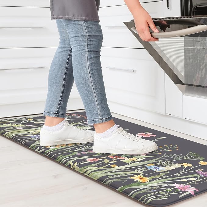 KIMODE Anti Fatigue Kitchen Mat for Floor, 17.3"x29" Farmhouse Kitchen Rug Non Skid, Cushioned Padded Kitchen Floor Mat, Comfort Standing Mat for Laundry, Office, Sink, Desk Dark Grey/Purple