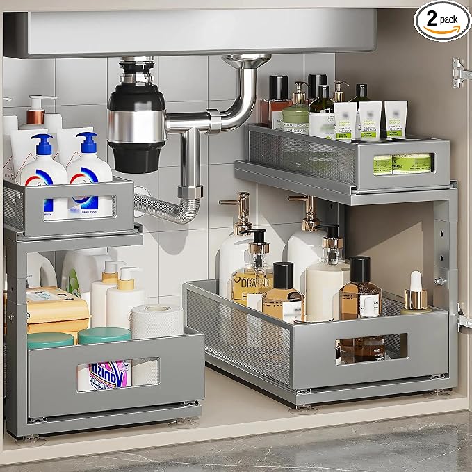 2 Pack 15.74IN-Depth Under Sink Organizer With Next-Gen Ball-Bearing Slides,2-Tier Pull Out Cabinet Storage,Height Adjustable Drawer Shelf for Bathroom,Kitchen,Laundry,Cabinet,Pantry-Gun Gray