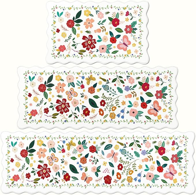 Kitchen Rugs Set of 3, White Vintage Floral Scalloped Anti Fatigue Mats, Cushioned Non Slip PVC Floor Rugs, Comfort Standing Kitchen Floor Mats for Sink Laundry Office Home, 18x30, 18x48, 18x60 Inch