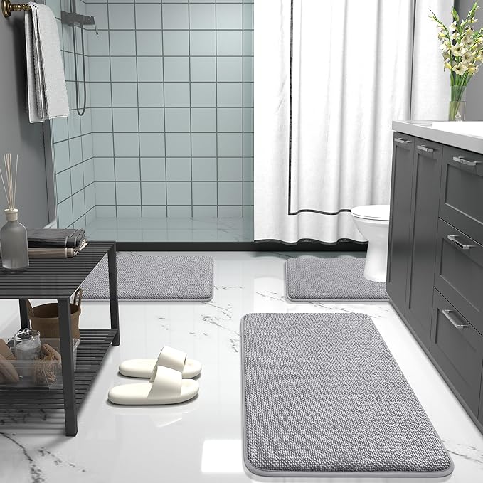OLANLY Thick Memory Foam Small Bathroom Rugs 24x16, Extra Soft Absorbent Bathroom Mat, Quick Dry Bath Mats, Non-Slip, Machine Washable Carpet for Bathroom, Tub and Shower, Home Decor Accessories, Grey