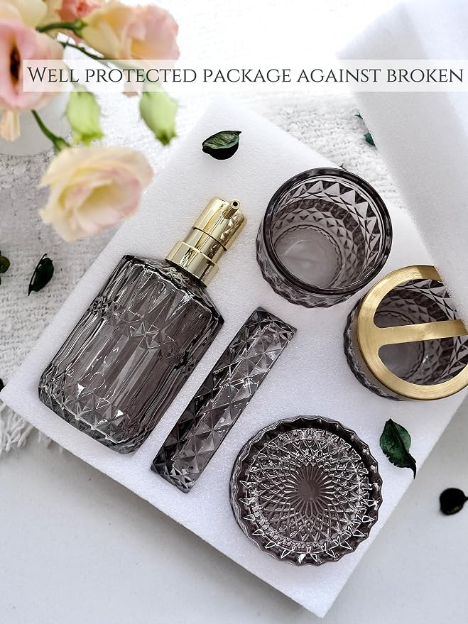 LaMarriti Gray Bathroom Accessories Set, 5Pcs Glass Bathroom Set, Soap Dispenser and Toothbrush Holder Set, Soap Dish, Q-Tips Holder Set, Black and Gold Accent for Vintage Bathroom Decor