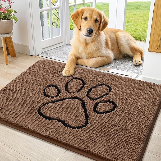 Smiry Dog Door Mat for Muddy Paws, Absorbent Dirt Trapper Non Slip Quick Dry Washable Chenille Mat for Mud Dogs, Entry Rug for Indoor and Outdoor (36x24 Inches, Coffee and Black)