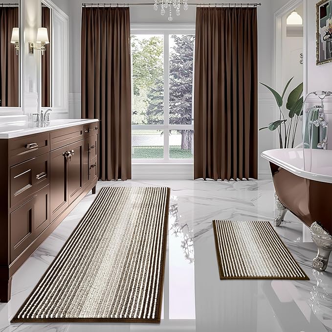BSICPRO Bathroom Rugs and Mats Sets, 2 Piece Thick Absorbent Chenille Bath Mat Rug Set Non Slip, Soft Shaggy Bath Room Floor Mats for Bathroom, Machine Washable (Brown, 24" x 70" Plus 20" x 32")