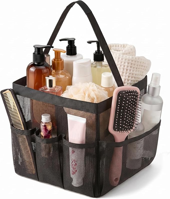Mesh Shower Caddy Portable for College Dorm Room Essentials, Large Capacity Shower Caddy Dorm Bag with 9-Pockets, Quick-Dry Toiletry Organizer for Gym Beach Camping Travel Bathroom, Black