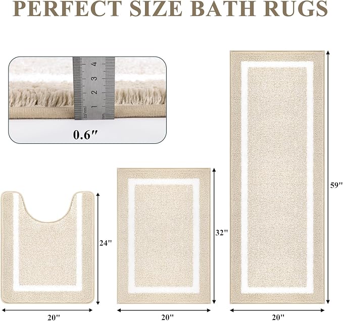 Pauwer Bathroom Rugs Sets 3 Piece Bathroom Shower Rugs with U-Shaped Contour Toilet Mat Absorbent Microfiber Plush Bath Mats Non Slip Bath Rugs Machine Washable Shaggy Bath Floor Mats, Light Beige